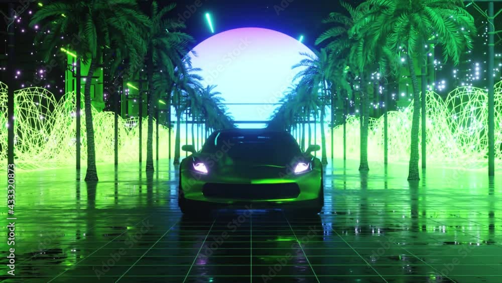 Vidéo Stock Car and city in neon style. 80s retro wave background 3d ...