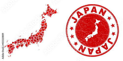 Mosaic Japan map composed from red love hearts, and rubber stamp. Vector lovely round red rubber seal stamp imitation with Japan map inside.