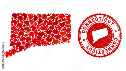 Mosaic Connecticut State map formed with red love hearts, and rubber seal. Vector lovely round red rubber seal imitation with Connecticut State map inside.