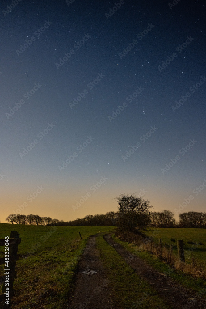 Feint sunset glow in Blue Hour over generic farmland in Northern England