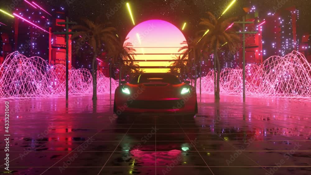 Car and city in neon style. 80s retro wave background 3d animation ...