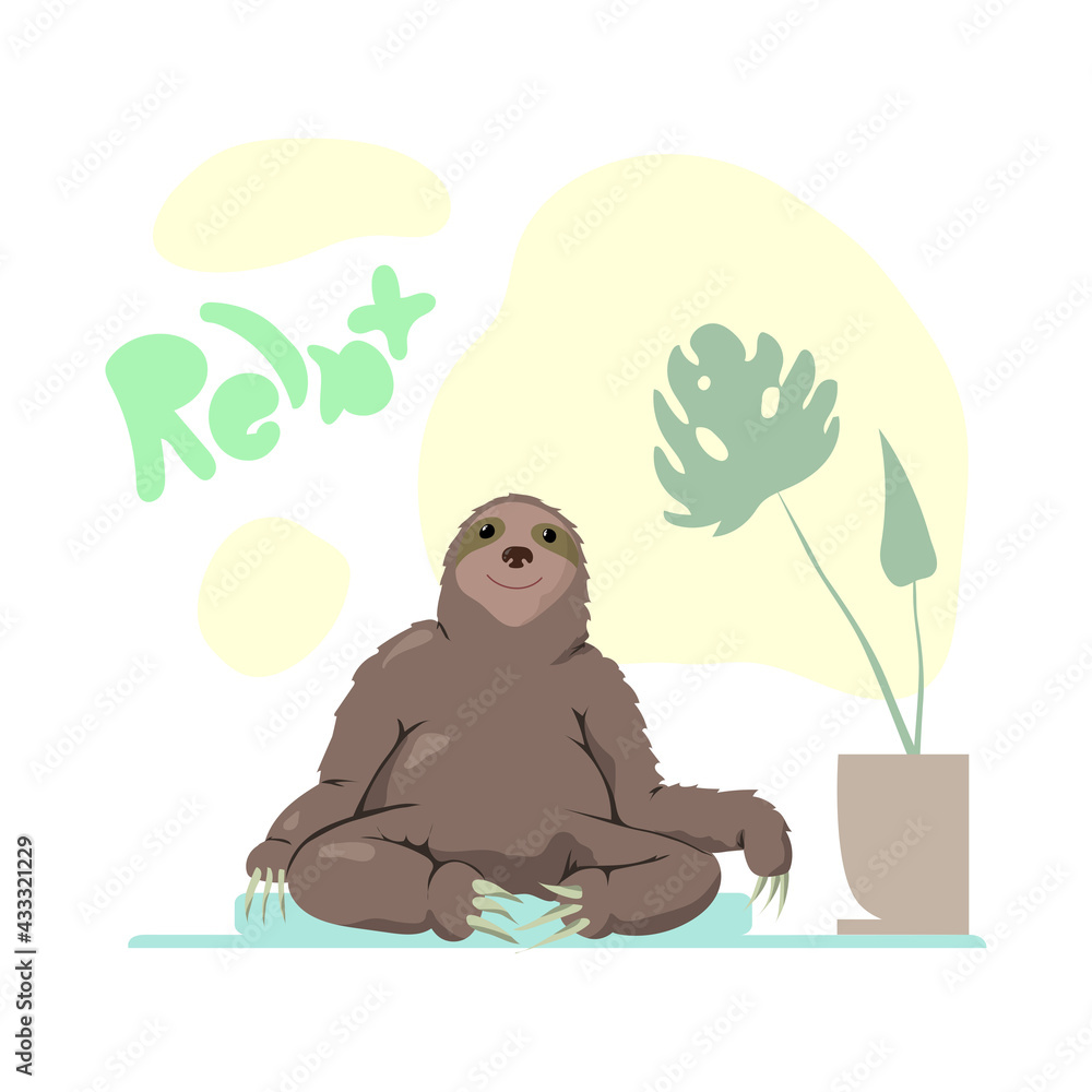 Fototapeta premium a playful image of a sloth resting on a mat near a pot with a plant with the inscription relax
