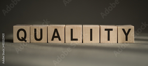 A wooden blocks with the word QUALITY written on it on a gray background. © Nastassia