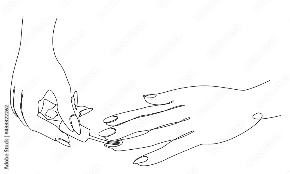 The lady does a manicure, paints her nails with varnish. Silhouette of female hands in a modern one line style. Solid line, aesthetic outline for decor, posters, stickers, logo. Vector illustration. The lady does a manicure, paints her nails with varnish. Silhouette of female hands in a modern one line style. Solid line, aesthetic outline for decor, posters, stickers, logo. Vector illustration.