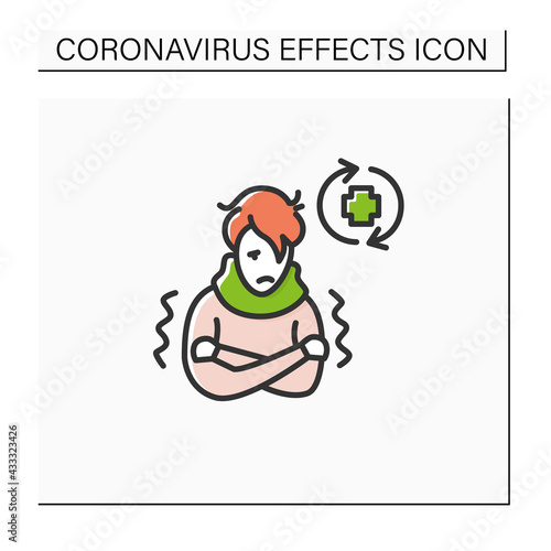 Ill person color icon. Covid reinfected or re-ill person suffering shivers and high fever. Covid disease repeated infection and immunity failure.Isolated vector illustration