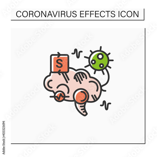 Neurological symptoms color icon. Covid disease molecule attack brain. Concept of corona virus neurology symptoms danger, cerebral dysfunction and encephalopathy.Isolated vector illustration 