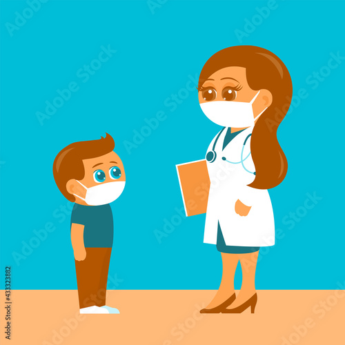 Doctor woman with stethoscope and boy. Both are wearing medical masks. Health check and treatment. Vector cartoon illustration
