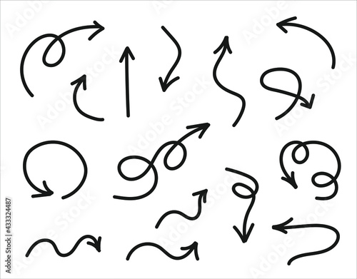 Hand drawn black doodle arrows on white background. Doodle cartoon vector illustration