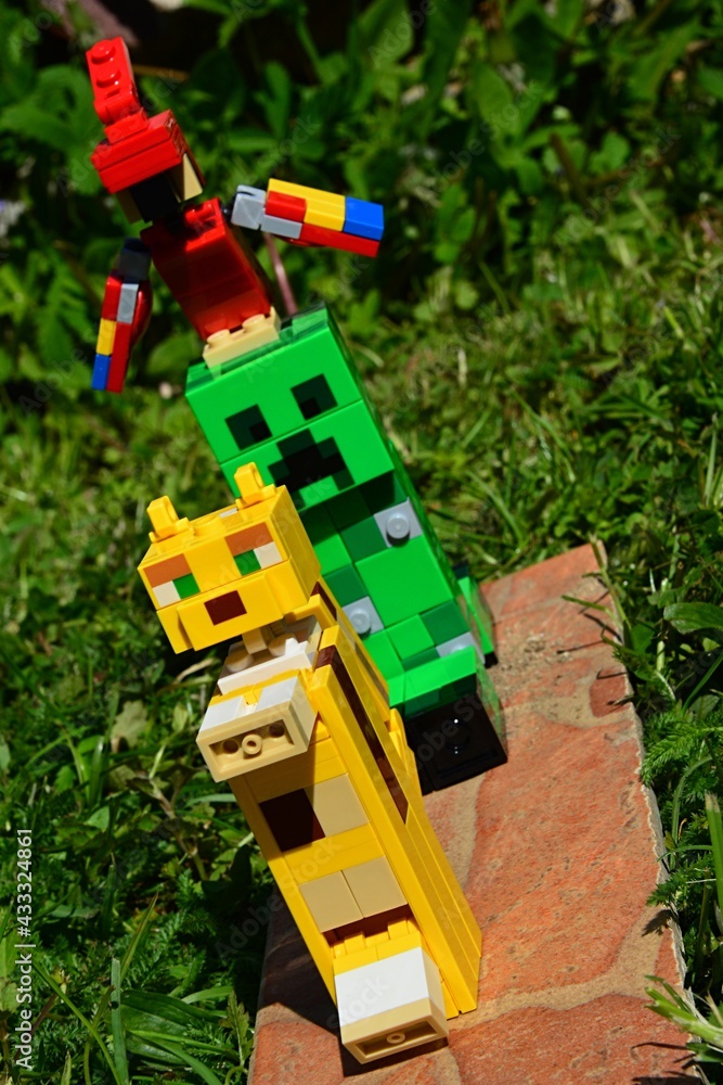 LEGO Minecraft figures of Ocelot Cat and Creeper green monster mob with  parrot on his head, standing on thin ceramic tile placed in garden lawn,  spring daylight sunshine. Stock Photo | Adobe