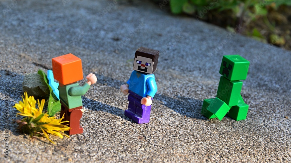 LEGO Minecraft Alex and Steve with explosive green Creeper monster mob  approaching, Alex raising her hand as warning. Leaves, dandelion flower and  diamond Minecraft pickaxe placed on stone ground Photos | Adobe