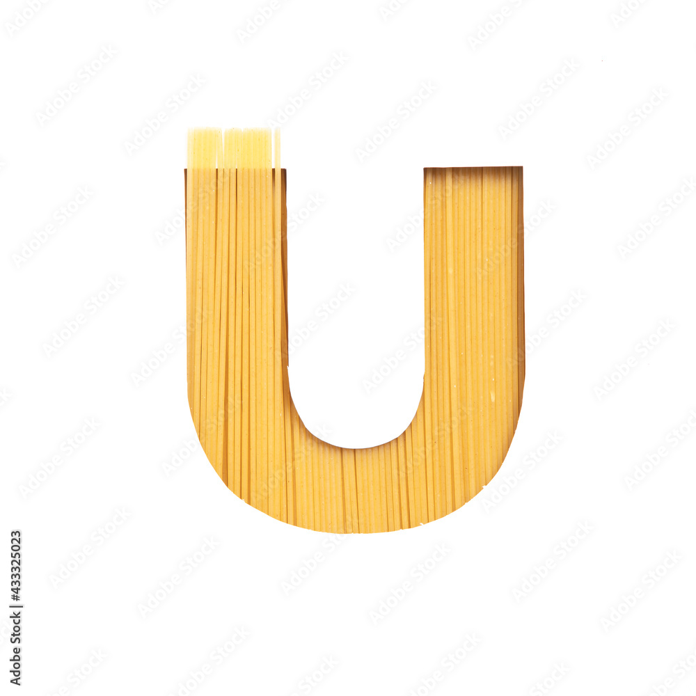 Italian Food. Letter U of English alphabet made of spaghetti isolated on white. Pasta Typeface for products store design Italian Food. Letter U of English alphabet made of spaghetti isolated on white. Pasta Typeface for products store design
