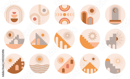 Moroccan stairs, arch, walls, arc set vector. Architecture elements in boho style. Tunisian, Algerian circle abstract print. Bohemian sun, moon, lines, doors. Contemporary aesthetic for wall