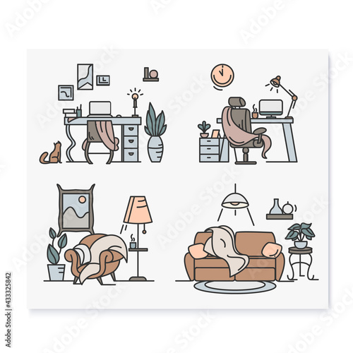 Blanket house color icons set.Living room, cabinet, office,home workplace.Modern apartment furniture, accessories.Home interior and lifestyle concept.Isolated vector illustration