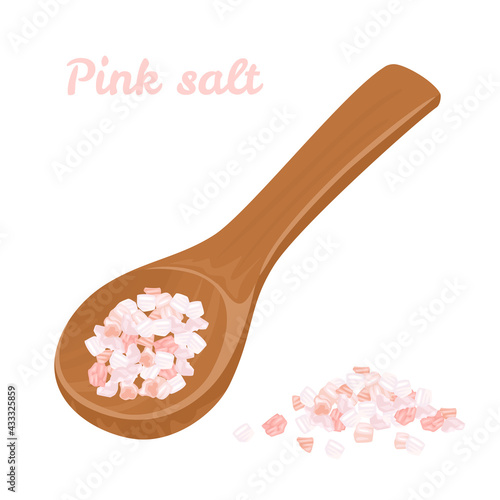 Vector pink Himalayan salt in wooden spoon and heap. Cartoon flat illustration. Organic food.