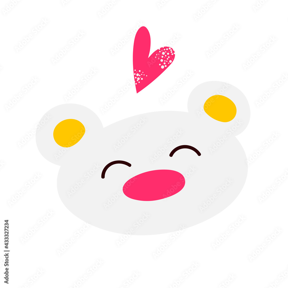 White cute smiling bear with a heart, vector illustration in flat style, isolated elements on a white background. Children's illustration for postcards, posters, clothing, decoration. White cute smiling bear with a heart, vector illustration in flat style, isolated elements on a white background. Children's illustration for postcards, posters, clothing, decoration.