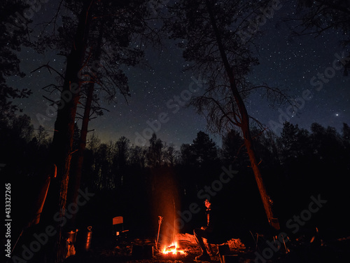 Starry night, coniferous forest. The tourist is sitting by the fire. © Aleksandr