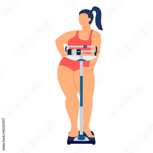 proud fat woman on the scales. mechanical scales. obesity and weight loss. stock vector illustration isolated on white background. health bulletin obesity.