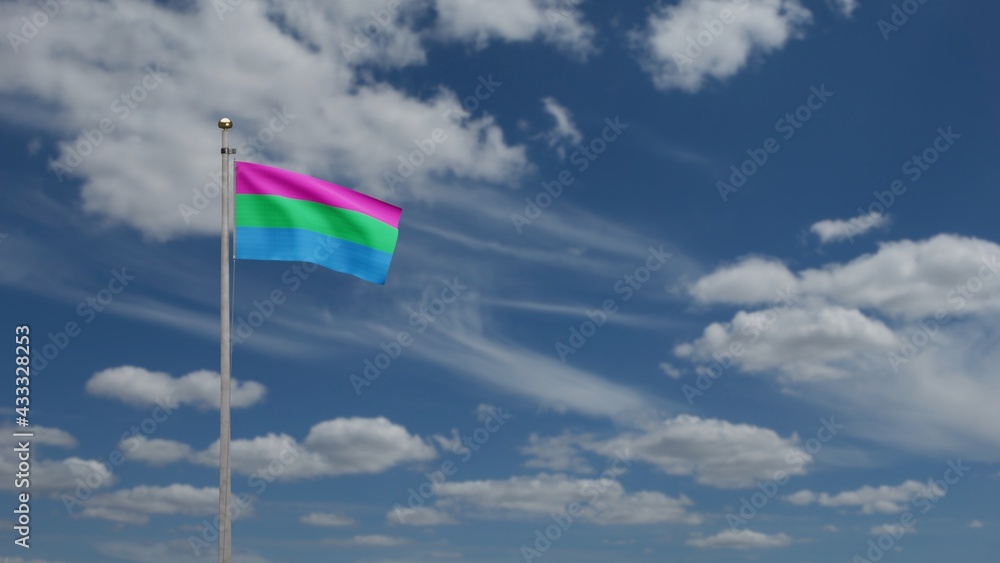 Polysexuality flag waving on wind with blue sky. Polysexual banner blowing.