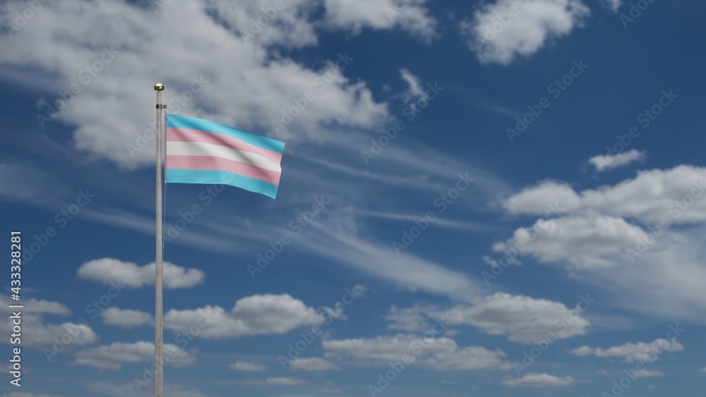 3D Transsexuality flag waving on wind with blue sky. Transsexual banner blowing.