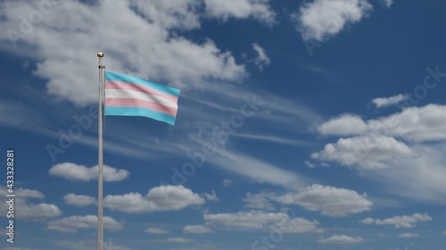 3D Transsexuality flag waving on wind with blue sky. Transsexual banner blowing.