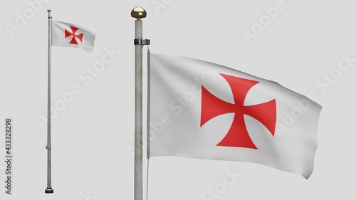 3D Knights templars flag waving on wind. Catholic military order medieval banner