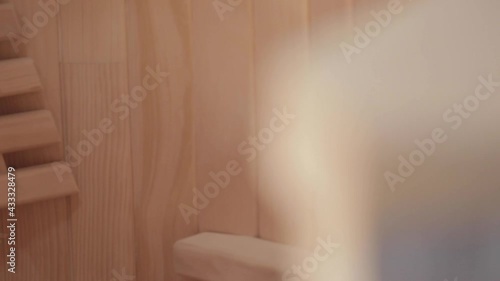 Closeup of open cedar phytobarrel with a wooden grates and the handstands inside