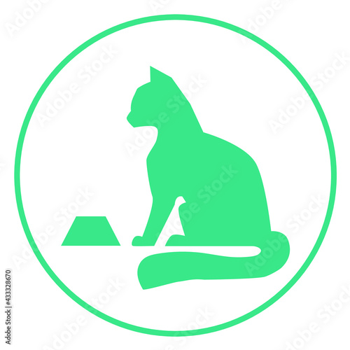 Vector stylized silhouette of a cat sitting next to a bowl. Cat food logo concept.