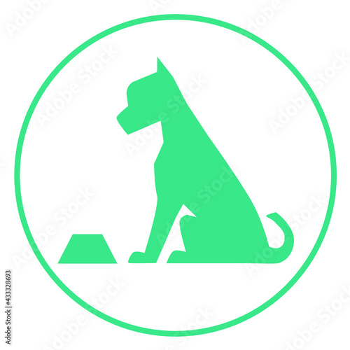Vector stylized silhouette of a dog sitting next to a bowl. Dog food logo concept.