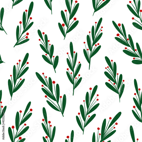 Hand-drawn seamless pattern of decorative branches of mistletoe green color on white background. Perfect for textile  prints  packaging  scrapbooking  wrapping paper  gift bags. Digital illustration