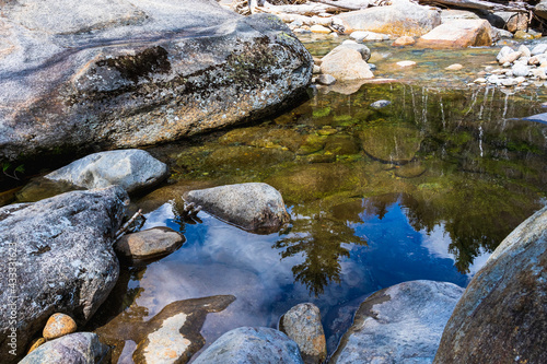 Reflection of the sky and trees in the crystal clear mirror of the Pemigewasset River in spring. Franconia Falls at the Lincoln Forest Trail in the White Mountains