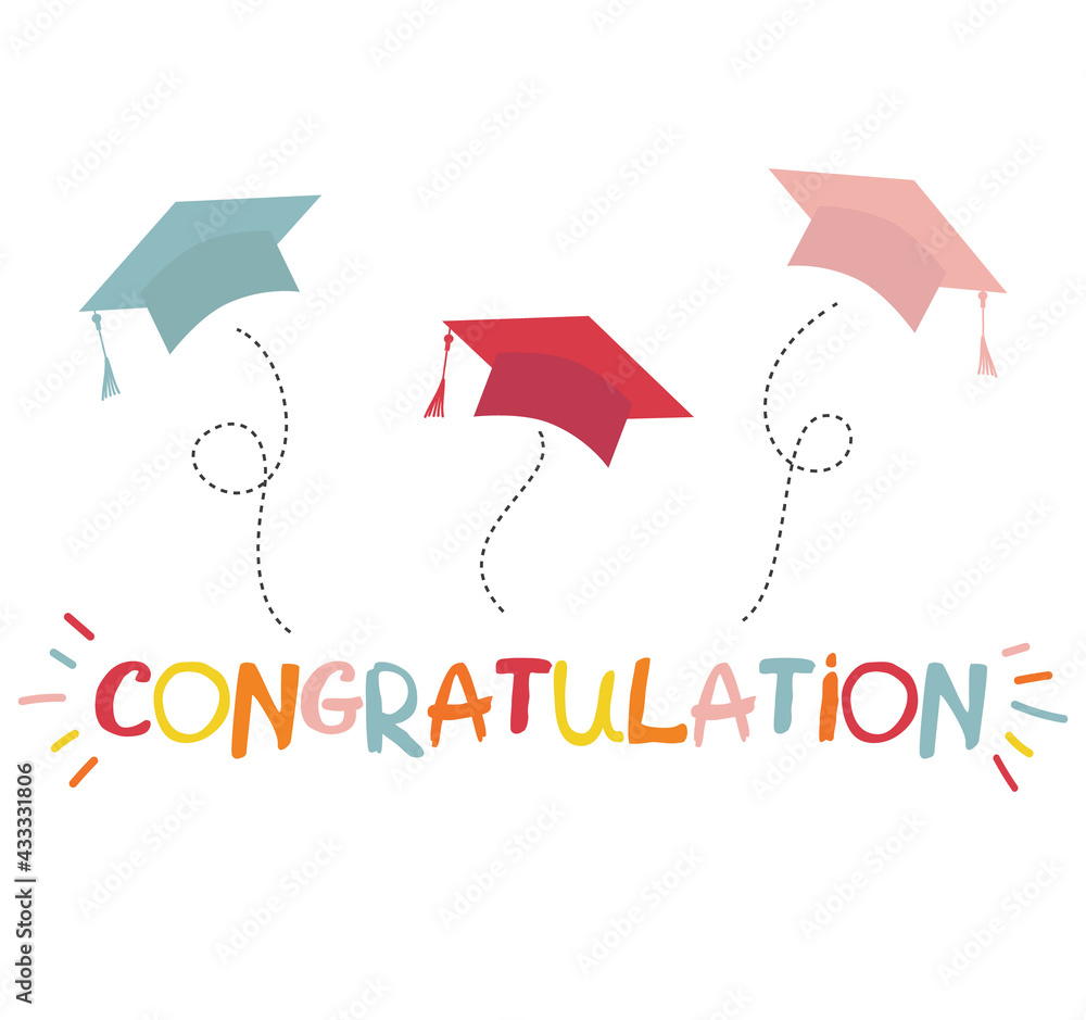 Word congratulation lettering vector concept without background. Graduate  cap thrown up. Congratulation graduates 2022 class. Flat cartoon design of  greeting, banner, invitation card. Stock Vector | Adobe Stock