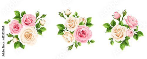 Vector set of pink and white rose flowers isolated on a white background.
