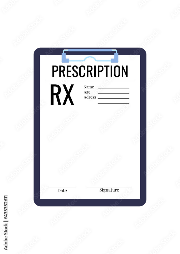 Doctor prescription rx medic blank on clipboard pad isolated on white  background. Rx paper form for