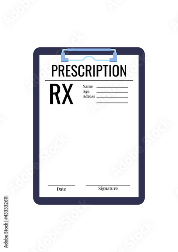 Doctor prescription rx medic blank on clipboard pad isolated on white background. Rx paper form for medical recipe - white sheet with text icon. Flat design pharmacy notes clip art vector illustration
