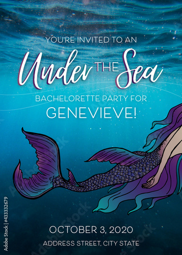 Bachelorette Under the Sea Mermaid Theme Party Invite, Double-Sided 5x7