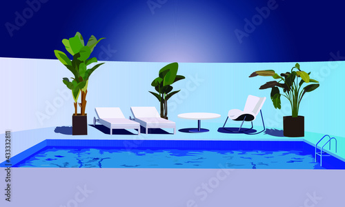 illustration depicting a swimming pool and surrounding interior to advertise outdoor activities and relaxation and for wall decoration
