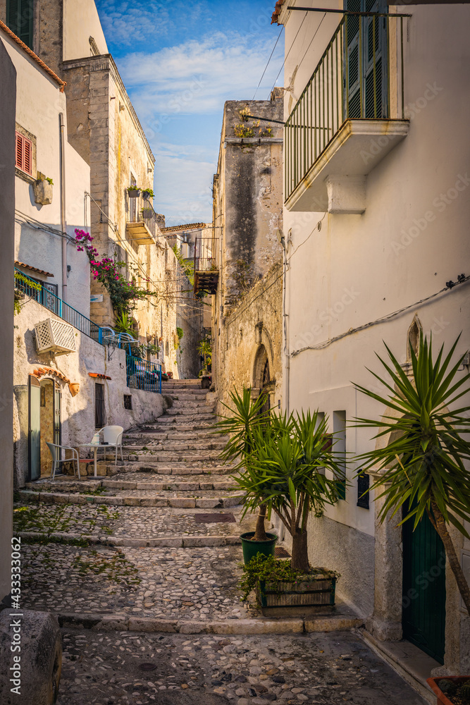 Beautiful alley in the old town, Peschici, Gargano, Italy