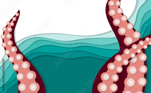 Octopus tentacles reaching up out of the aqua water, paper layer art style
