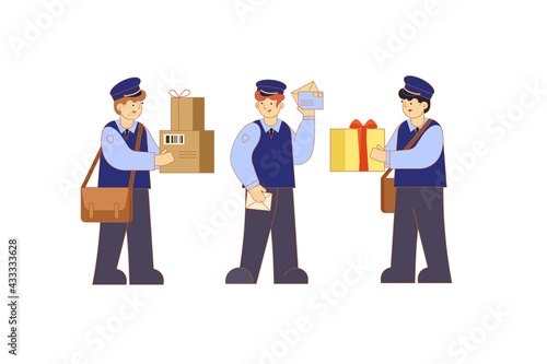 Mailman in uniform and with a bag for letters. Postmen hold parcels, envelopes and boxes. Post office. Vector isolated