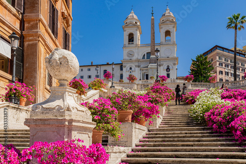 Perspective panorama of the famous Spanish Steps with the Trinita dei Monti church the obelisk in the center of Rome, with a blue sky, clouds and azaleas flower display.Rome, Italy.