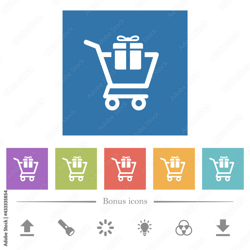 Gift shopping flat white icons in square backgrounds Gift shopping flat white icons in square backgrounds