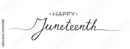 Happy Juneteenth calligraphy banner design, card. Black lettering on white.