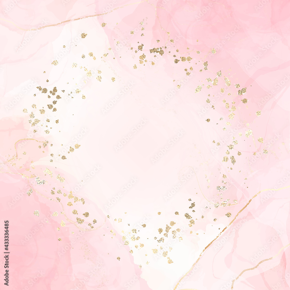 Abstract pink liquid watercolor background with golden confetti round frame. Pastel blush marble alcohol ink drawing effect and golden foil dust. Vector illustration design for wedding invitation