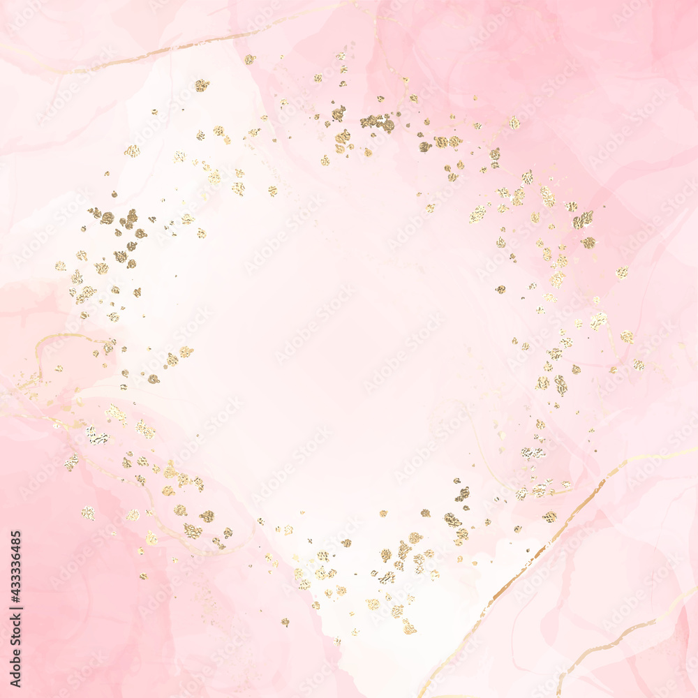 Abstract pink liquid watercolor background with golden confetti round frame. Pastel blush marble alcohol ink drawing effect and golden foil dust. Vector illustration design for wedding invitation Abstract pink liquid watercolor background with golden confetti round frame. Pastel blush marble alcohol ink drawing effect and golden foil dust. Vector illustration design for wedding invitation