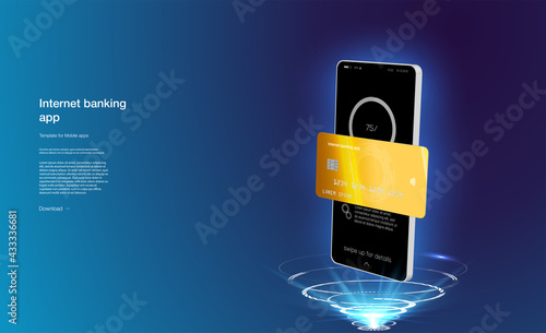 Internet banking app. Mobile phone payment with NFC technology and High level payment security. Wireless cash transaction technology and money storage. Wallet with cards UI App and E-payment. Vector