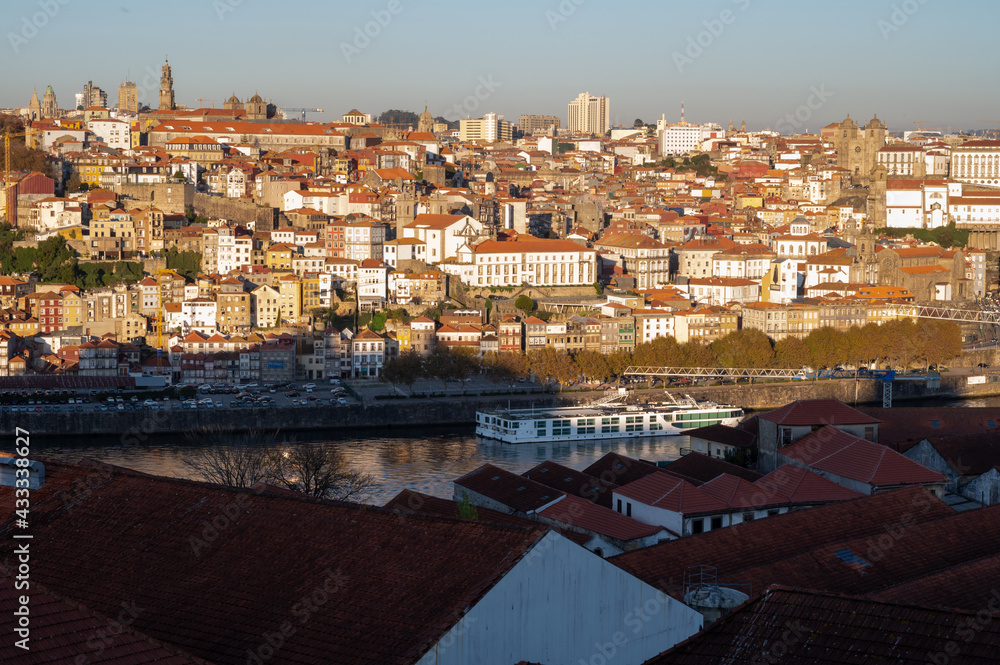 Panoramic view on old part of Porto and porto loges of Vila Nova de Gaia in Portugal at sunrise