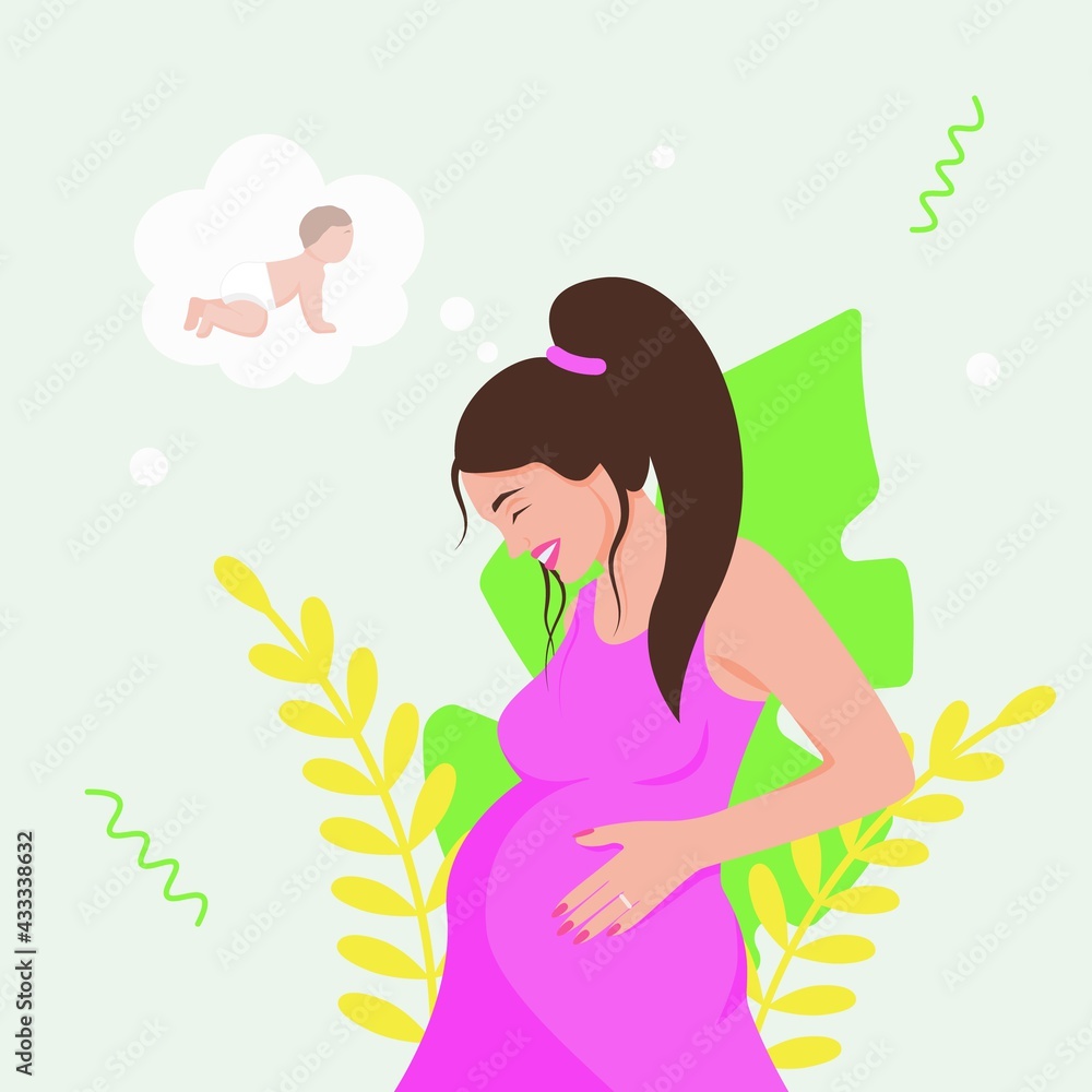 Happy pregnant woman thinking about baby illustration. Smiling girl in pink dress and stylish hairstyle holds her belly. Loving anticipation of long awaited child vector. Happy pregnant woman thinking about baby illustration. Smiling girl in pink dress and stylish hairstyle holds her belly. Loving anticipation of long awaited child vector.