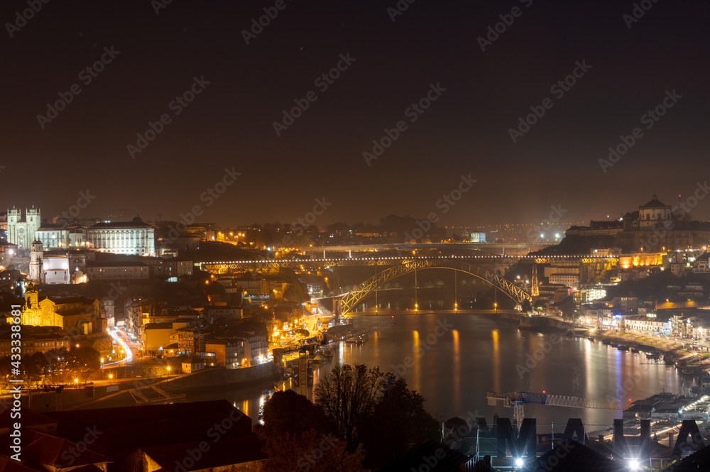 Panoramic view on old part of Porto city in Portugal at night