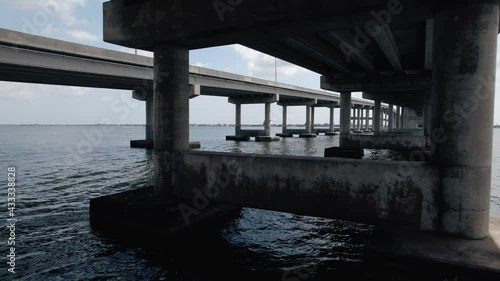 Wallpaper Mural Aerial shot flying through support structure of a coastal bridge. Cinematic wide shot Torontodigital.ca