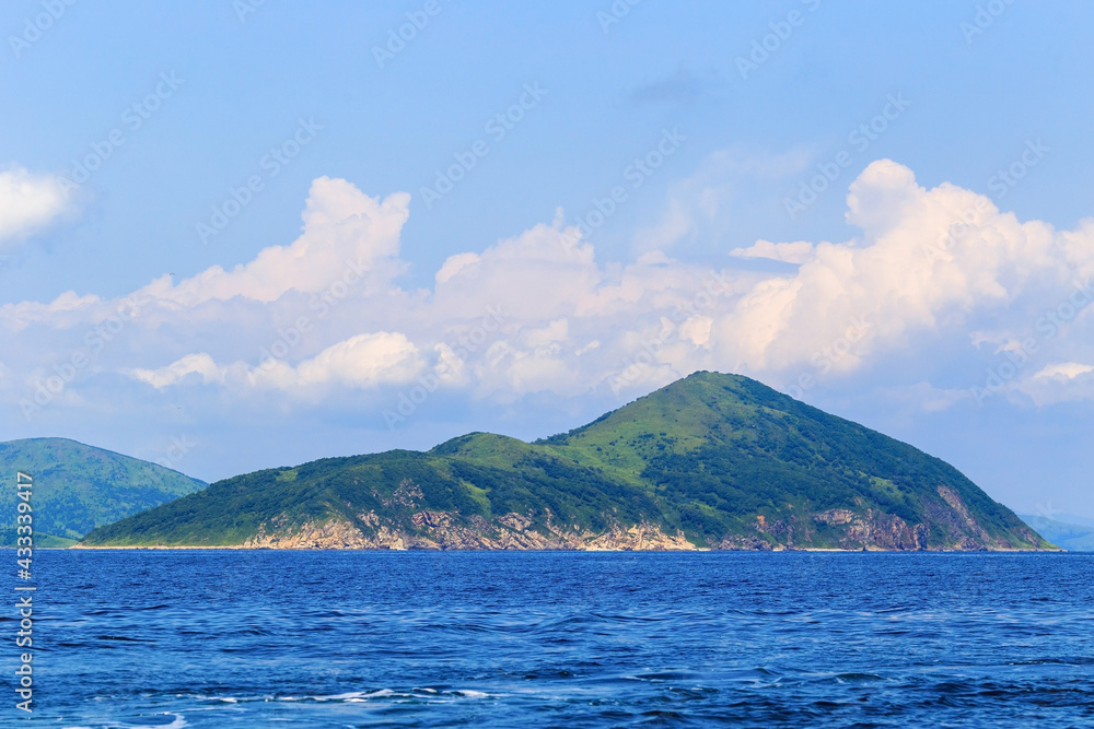 Beautiful summer landscape with an island. Green uninhabited island against the background of blue sea and white clouds.